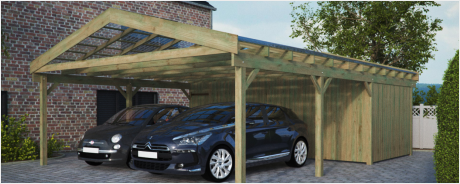 Satteldachcarport Doppelcarport mit Geräteraum Bausätze aus Holz