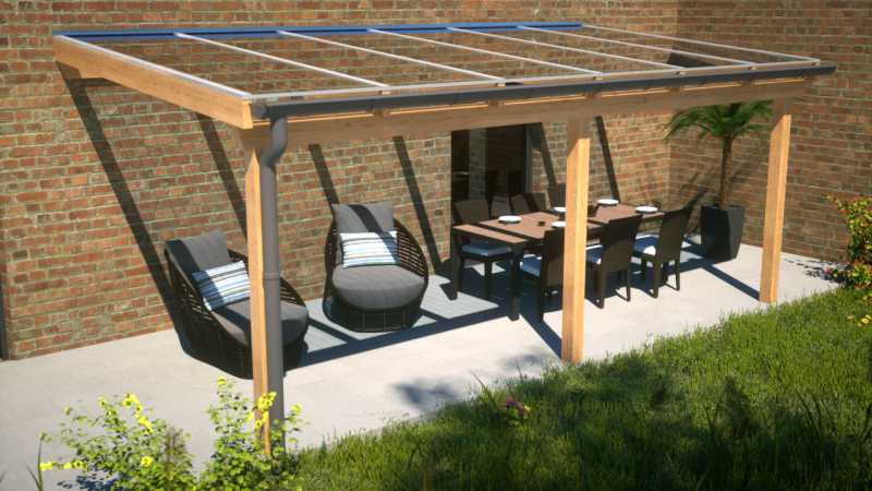 Hochwertige Terrassenüberdachung aus Holz mit Doppelstegplatten oder Glasdach